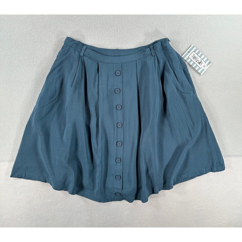 Blue Button-Front A-Line Skirt